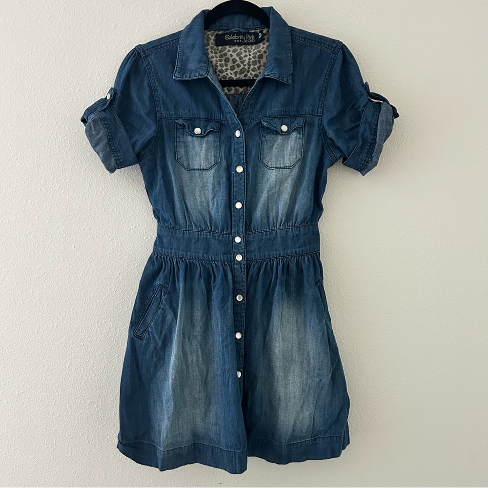 Celebrity Pink Button-Up Denim Mini Dress